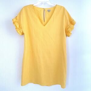Womens Linen Blend Shift Dress Ruffle Short Sleeve Yellow Size S